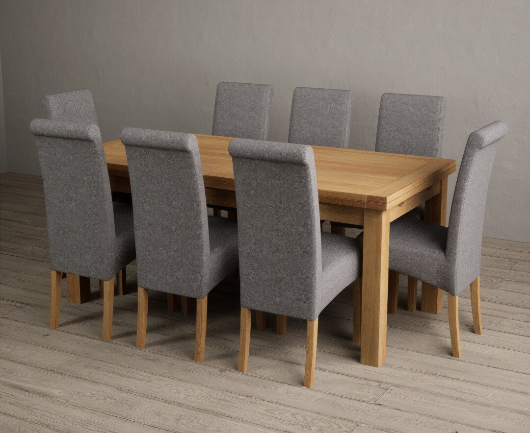 Photo 2 of Hampshire 180cm solid oak extending dining table with 10 blue scroll back chairs