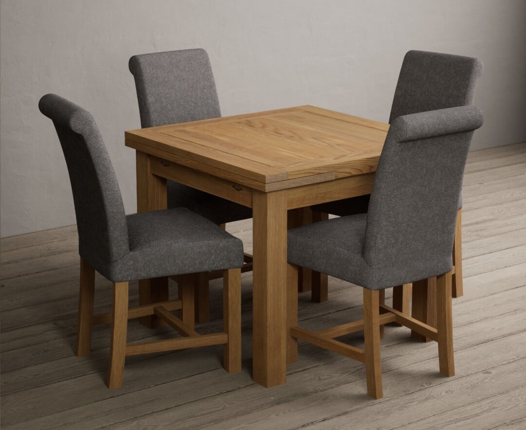 Product photograph of Hampshire 90cm Solid Oak Extending Dining Table With 4 Grey Scroll Back Braced Chairs from Oak Furniture Superstore