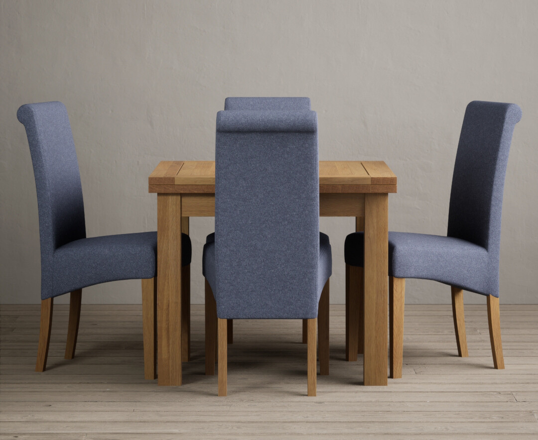 Photo 2 of Extending hampshire 90cm solid oak dining table with 6 blue scroll back chairs