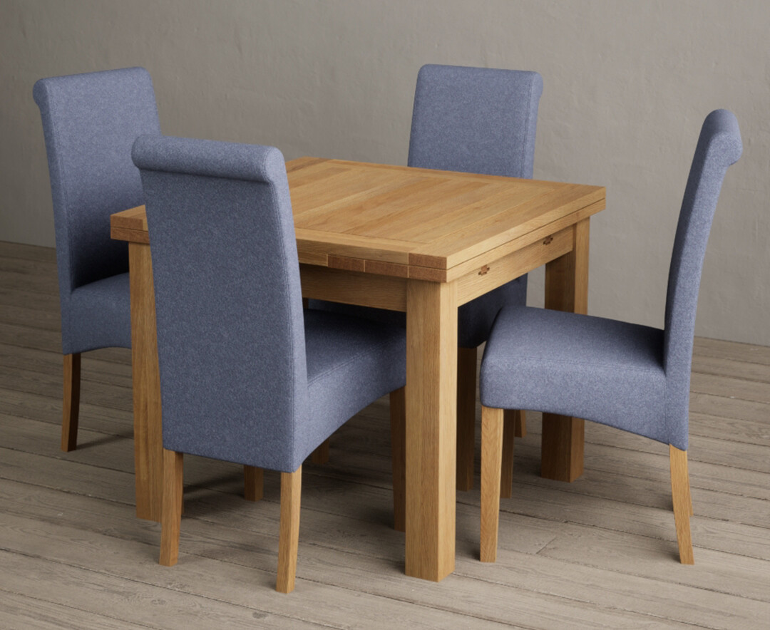 Product photograph of Extending Buxton 90cm Solid Oak Dining Table With 4 Blue Scroll Back Chairs from Oak Furniture Superstore