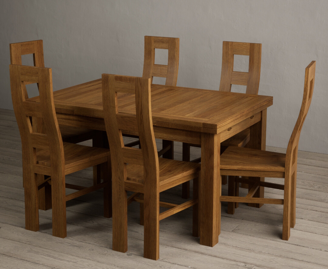 Hampshire 140cm Rustic Solid Oak Extending Dining Table With 6 Rustic Rustic Solid Oak Flow Back Chairs With Rustic Seats