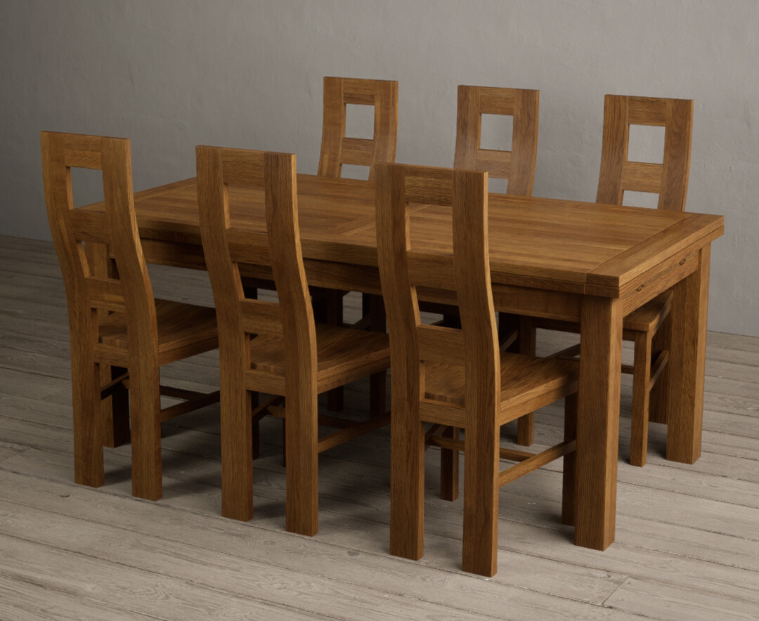 Hampshire 180cm Rustic Solid Oak Extending Dining Table With 6 Rustic Rustic Solid Oak Flow Back Chairs With Rustic Seats