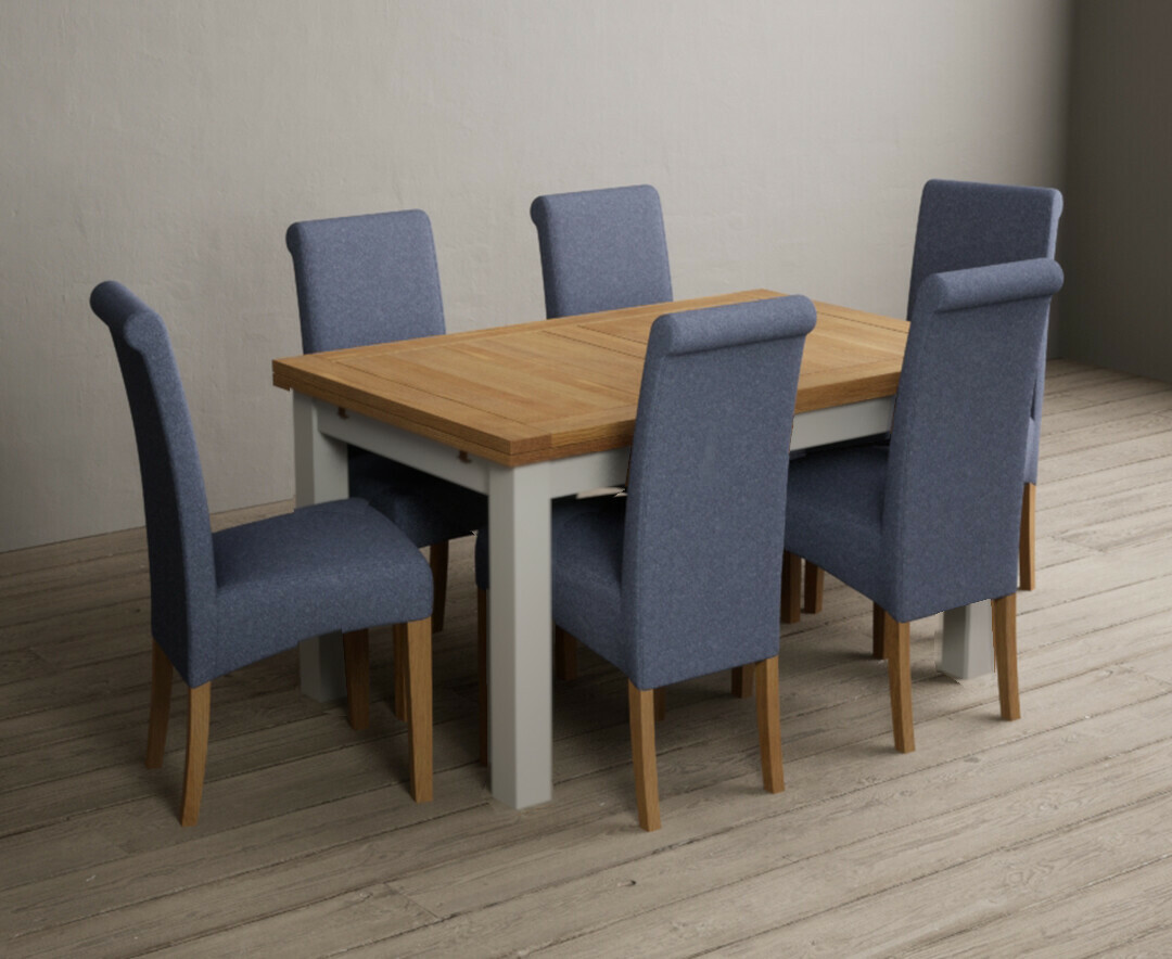 Product photograph of Hampshire 140cm Oak And Soft White Extending Dining Table With 6 Grey Scroll Back Chairs from Oak Furniture Superstore
