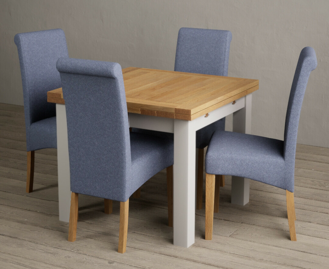Extending Hampshire 90cm Oak And Soft White Dining Table With 4 Blue Scroll Back Chairs