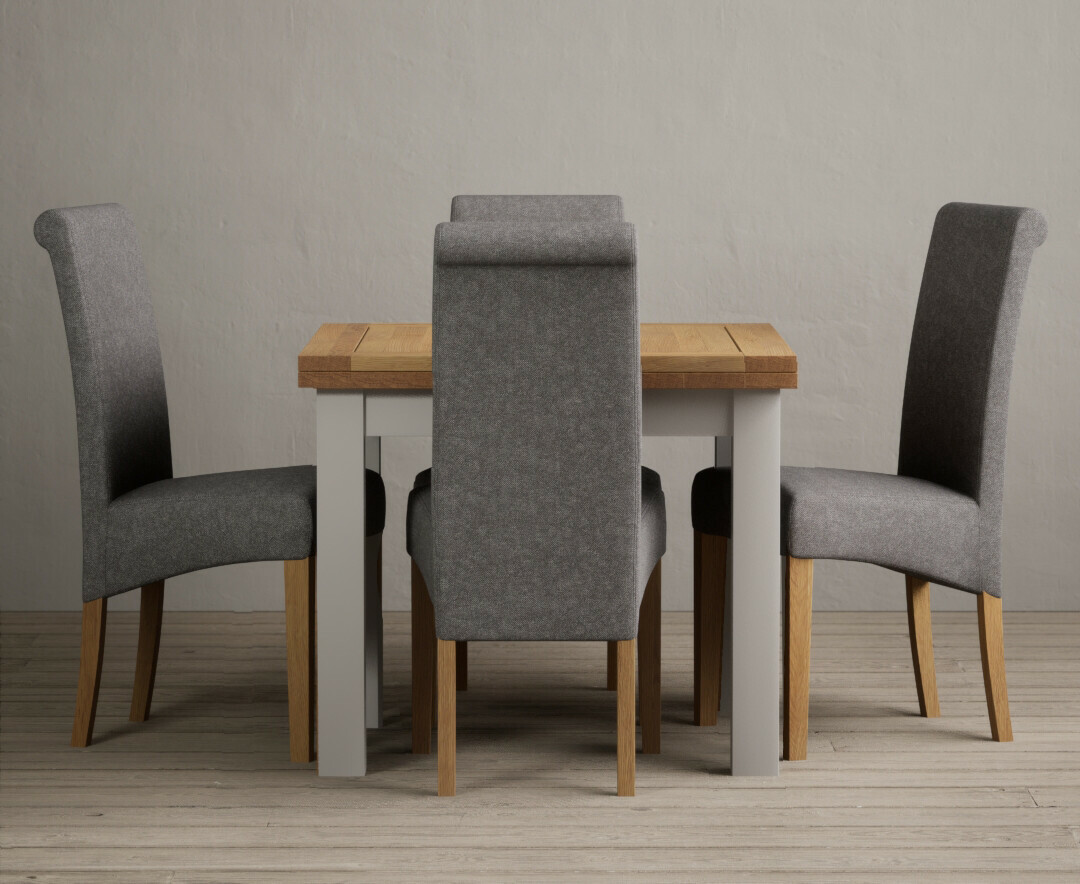 Hampshire 90cm Oak And Soft White Extending Dining Table With 4 Charcoal Grey Scroll Back Chairs