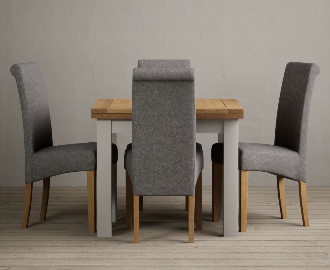 Product photograph of Extending Buxton 90cm Oak And Soft White Painted Dining Table With 4 Blue Scroll Back Chairs from Oak Furniture Superstore