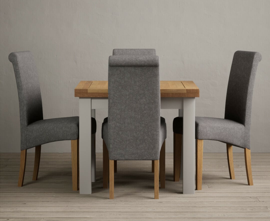 Product photograph of Extending Hampshire 90cm Oak And Soft White Dining Table With 6 Brown Scroll Back Chairs from Oak Furniture Superstore