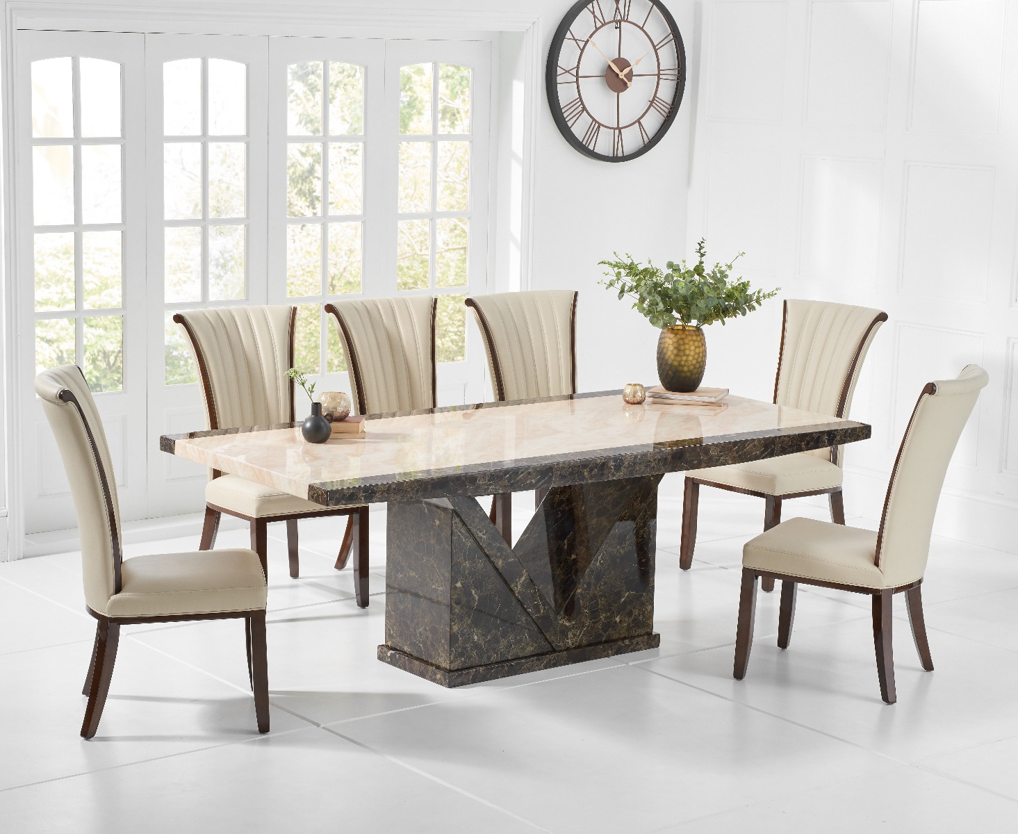 Product photograph of Tenore 220cm Marble Effect Dining Table With 6 Cream Lorient Chairs from Oak Furniture Superstore