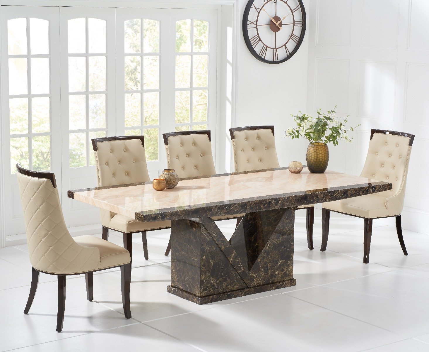 Product photograph of Tenore 220cm Extra Large Marble Effect Dining Table With 6 Cream Francesca Chairs from Oak Furniture Superstore