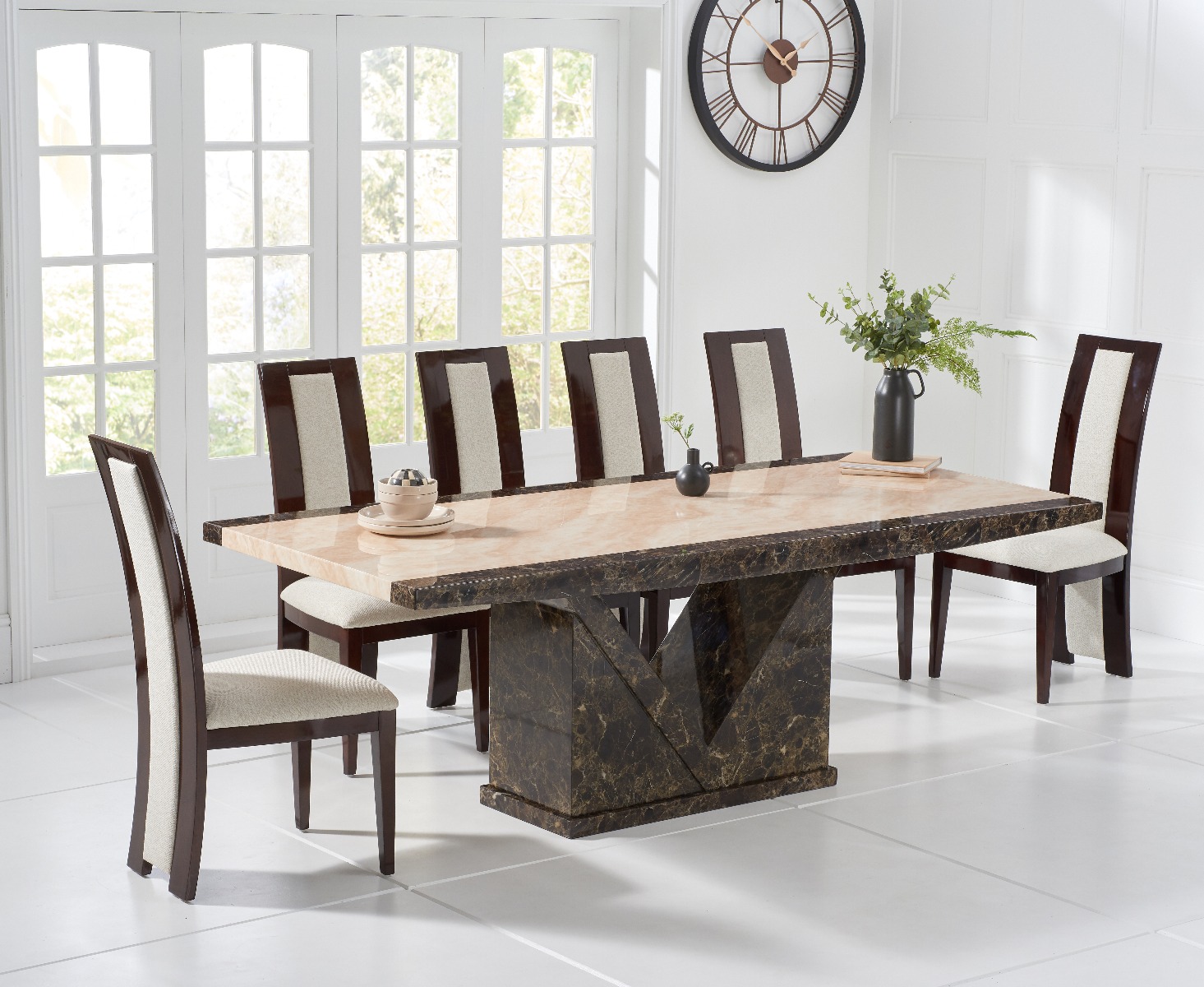Product photograph of Tenore 220cm Extra Large Marble Effect Dining Table With 6 Brown Novara Chairs from Oak Furniture Superstore