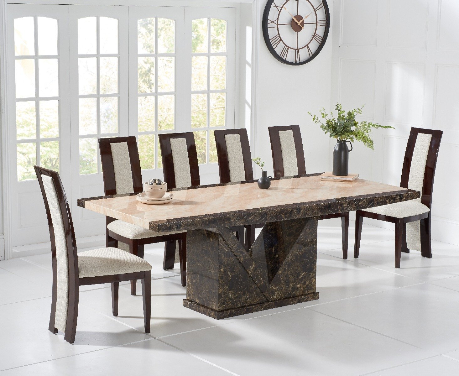 Tenore 220cm Extra Large Marble Effect Dining Table With 12 Brown Novara Chairs