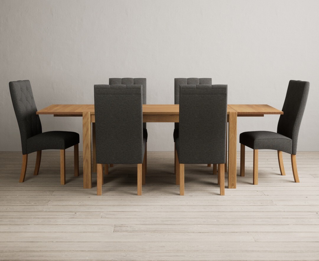 Product photograph of Thetford 150cm Oak Dining Table With Thetford 45cm Oak Extensions With 10 Grey Maya Chairs from Oak Furniture Superstore