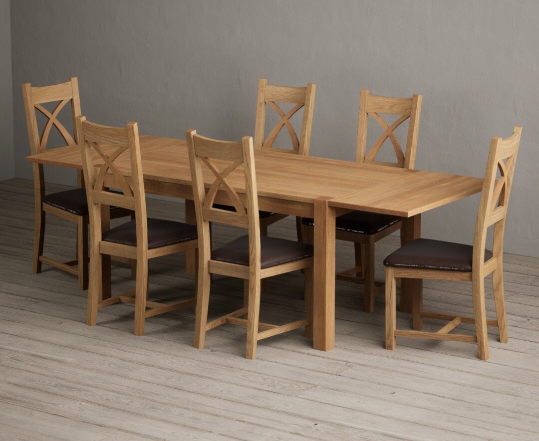 Product photograph of Thetford 150cm Oak Dining Table With Thetford 45cm Oak Extensions With 8 Brown Natural Solid Oak Chairs from Oak Furniture Superstore