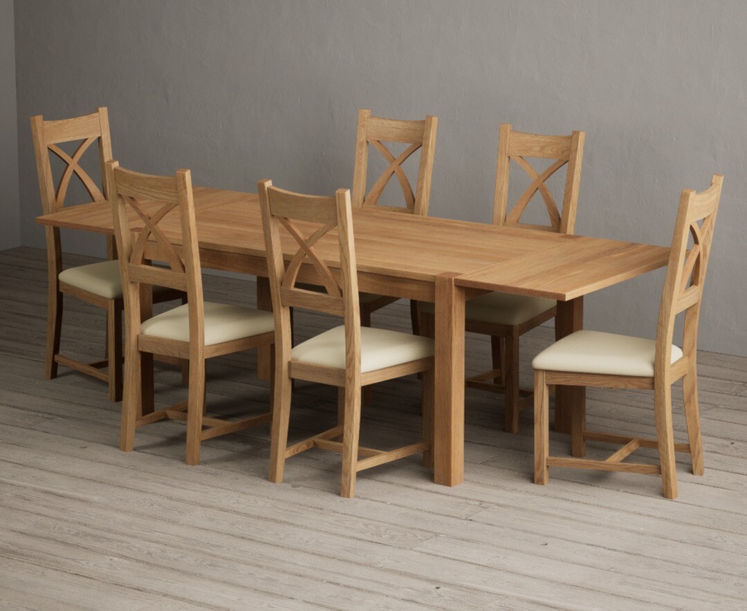Product photograph of Thetford 150cm Oak Dining Table With Thetford 45cm Oak Extensions With 6 Cream Natural Solid Oak Chairs from Oak Furniture Superstore