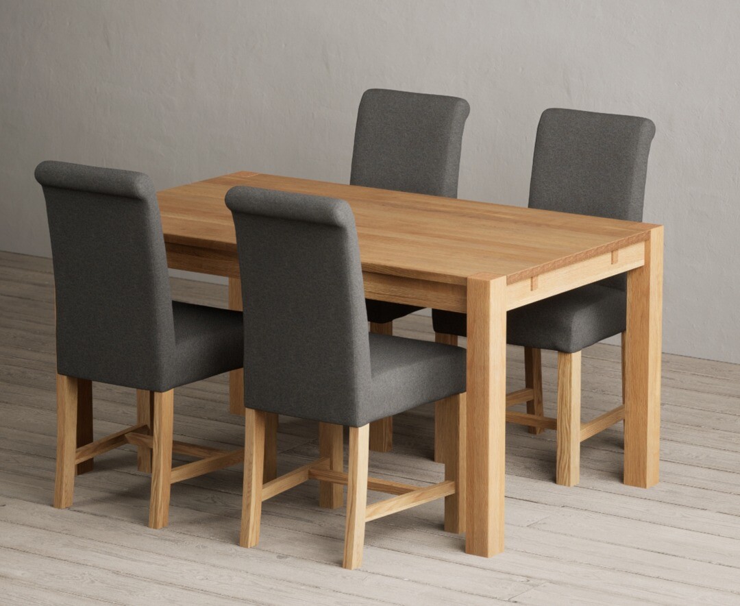 Product photograph of Thetford 150cm Oak Dining Table With 4 Blue Scroll Back Chairs from Oak Furniture Superstore