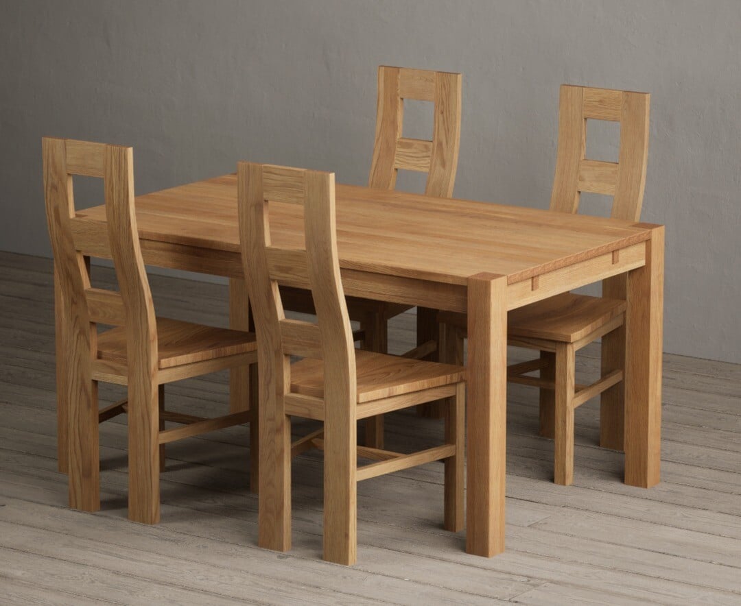 Product photograph of Thetford 150cm Oak Dining Table With 6 Linen Natural Chairs from Oak Furniture Superstore
