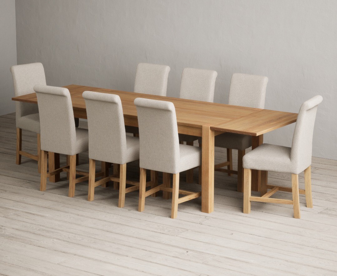 Product photograph of Thetford 180cm Oak Dining Table With Thetford 45cm Oak Extensions With 8 Grey Scroll Back Chairs from Oak Furniture Superstore
