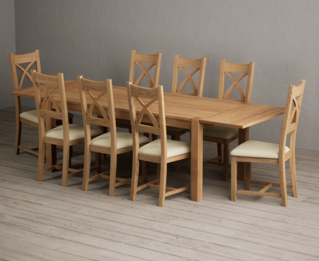Product photograph of Thetford 180cm Oak Dining Table With Thetford 45cm Oak Extensions With 6 Cream Natural Solid Oak Chairs from Oak Furniture Superstore