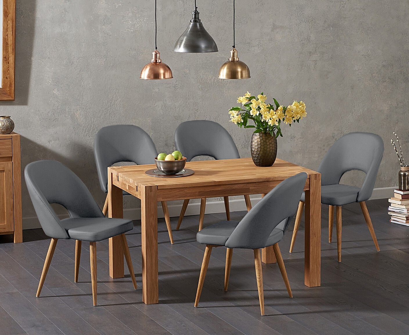 Thetford 120cm Solid Oak Dining Table With 4 Grey Hudson Faux Leather Chairs