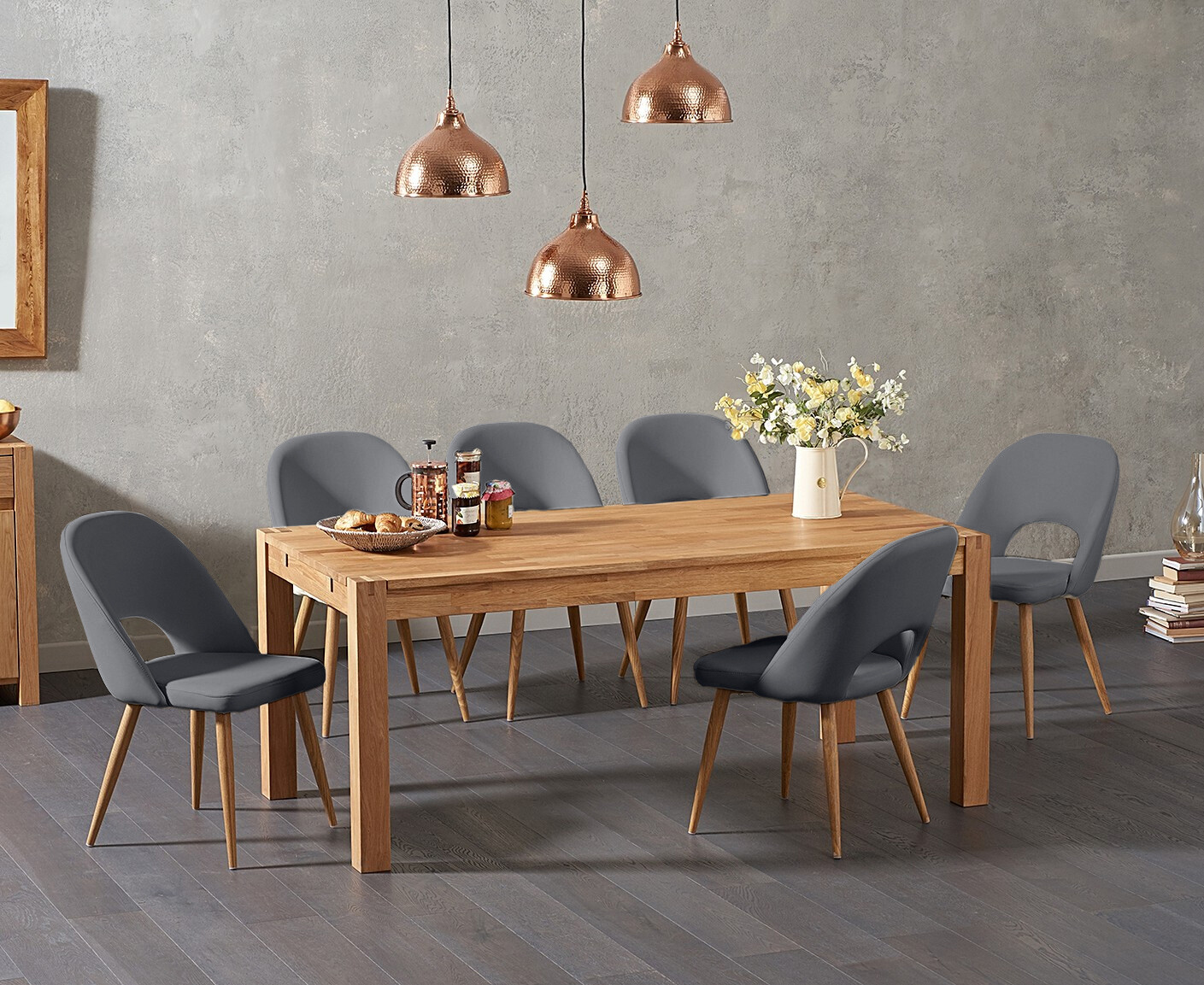 Product photograph of Thetford 180cm Solid Oak Dining Table With 6 Grey Hudson Faux Leather Chairs from Oak Furniture Superstore