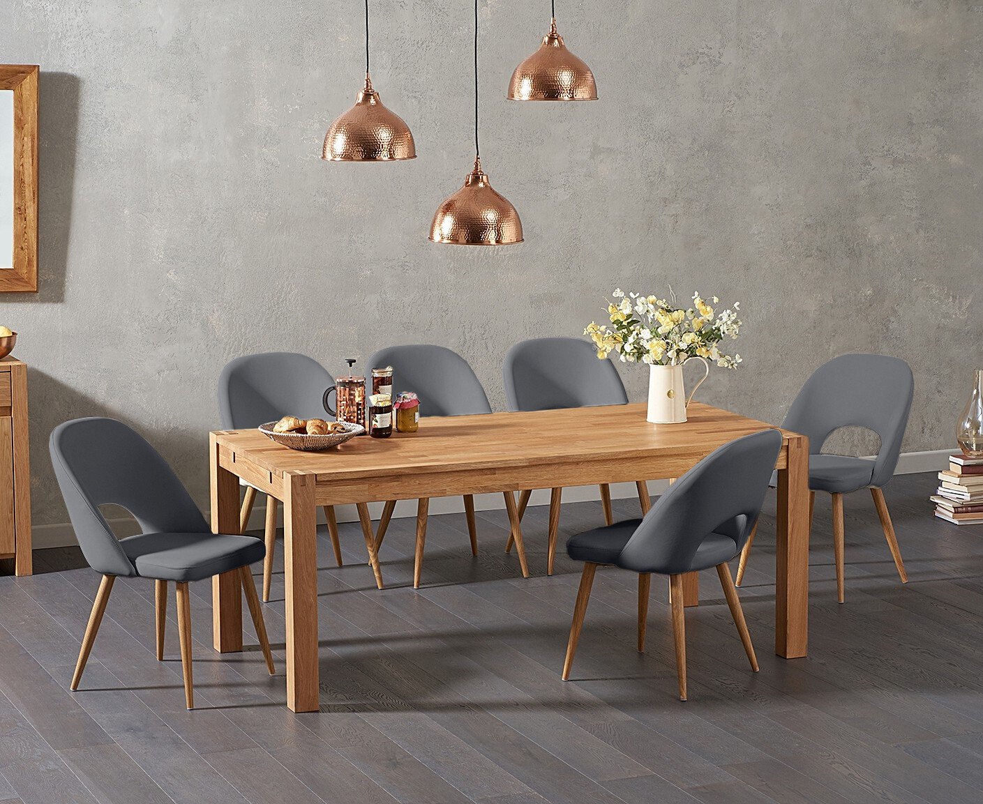 Product photograph of Thetford 180cm Solid Oak Dining Table With 6 Grey Hudson Faux Leather Chairs from Oak Furniture Superstore