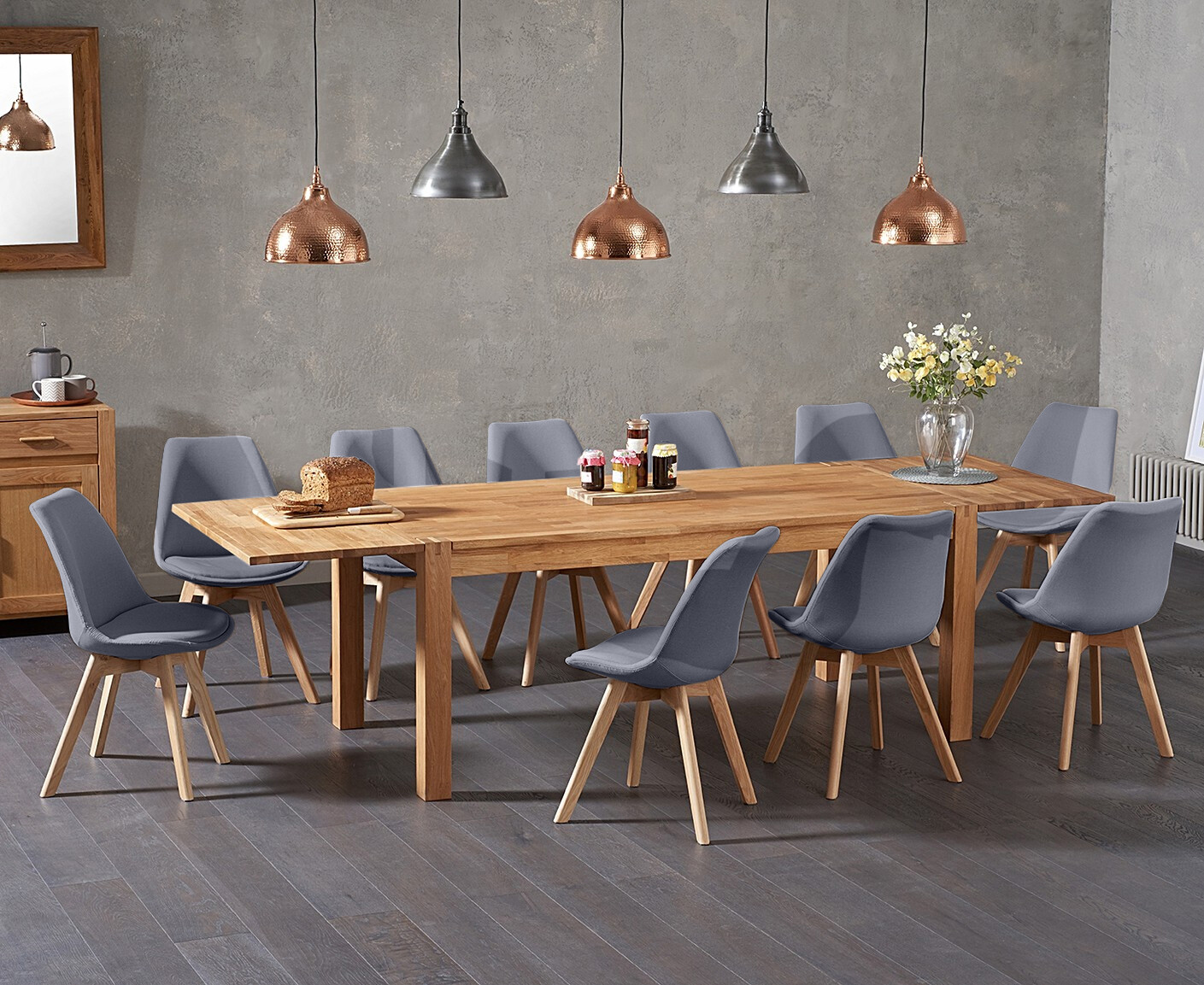 Extending Thetford 180cm Solid Oak Dining Table With 10 Dark Grey Orson Fabric Chairs