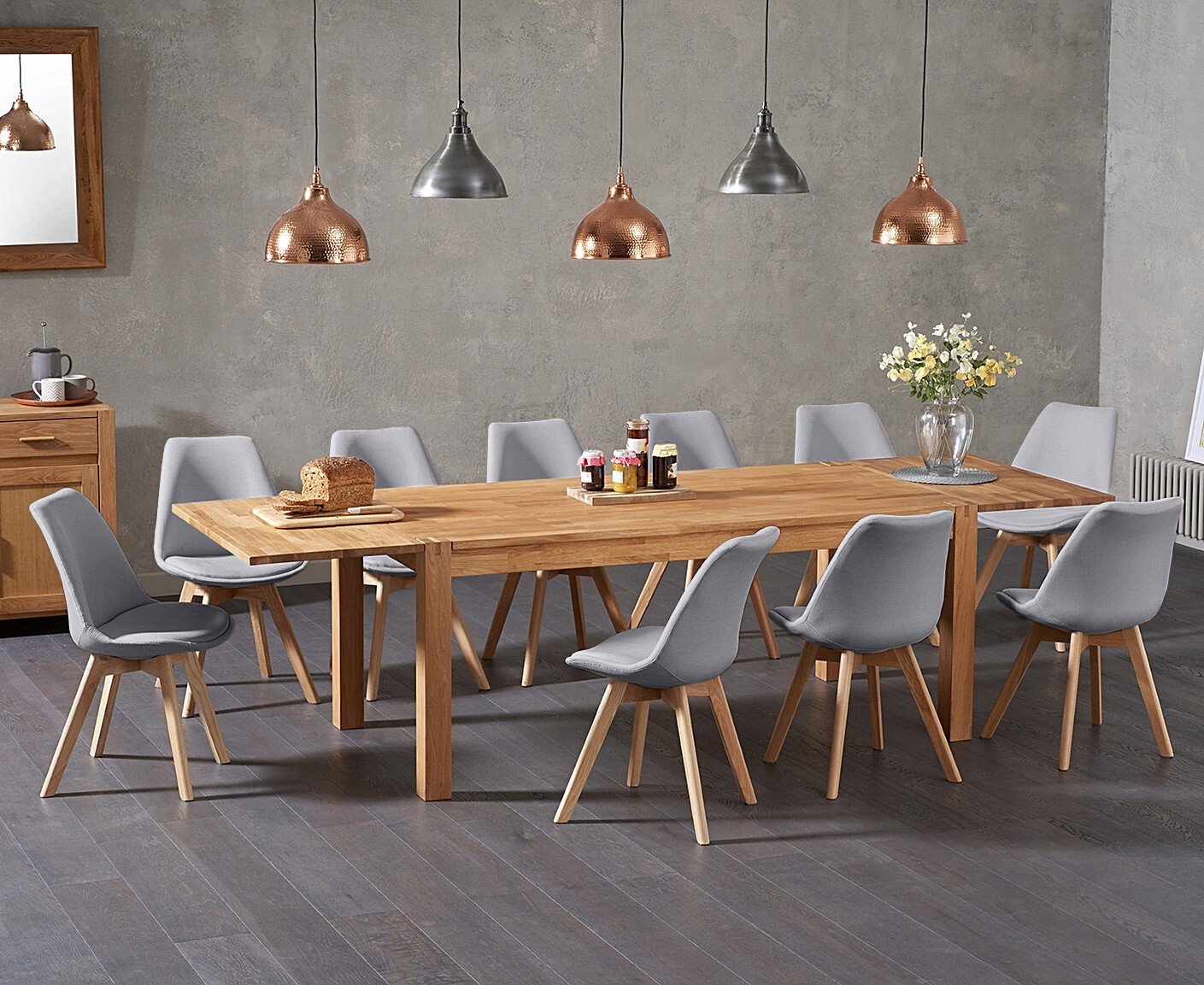 Thetford 180cm Oak Dining Table With 8 Light Grey Orson Chairs With Thetford 45cm Oak Extensions