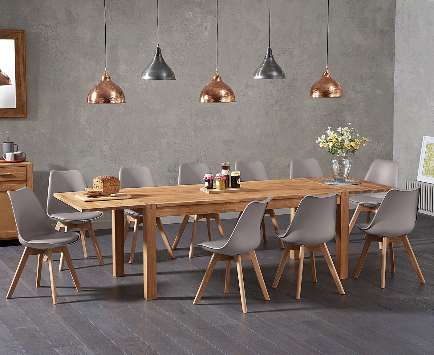 Product photograph of Extending Thetford 180cm Solid Oak Dining Table With 10 Mink Orson Faux Leather Chairs from Oak Furniture Superstore