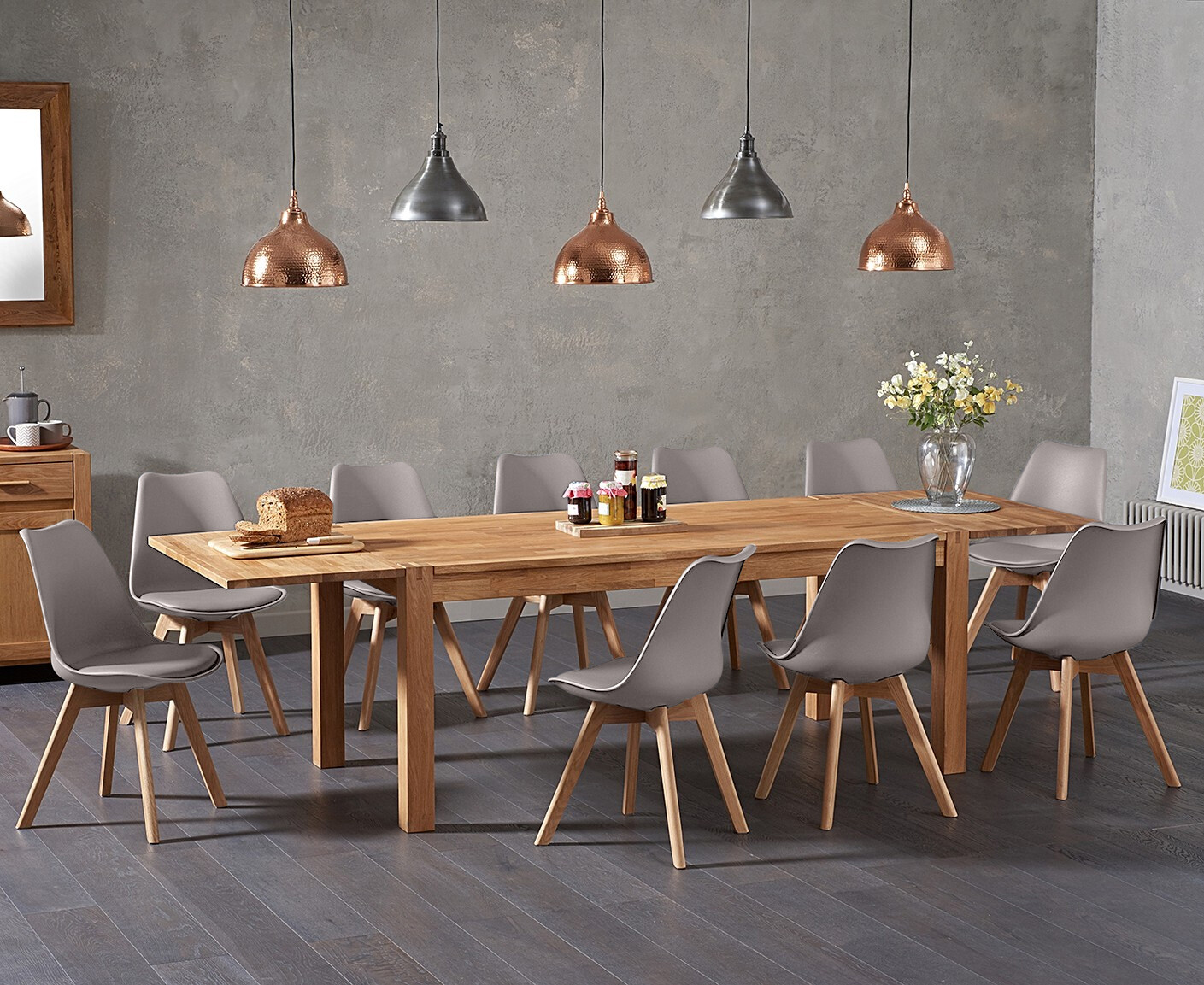 Extending Thetford 180cm Solid Oak Dining Table With 8 Mink Orson Faux Leather Chairs