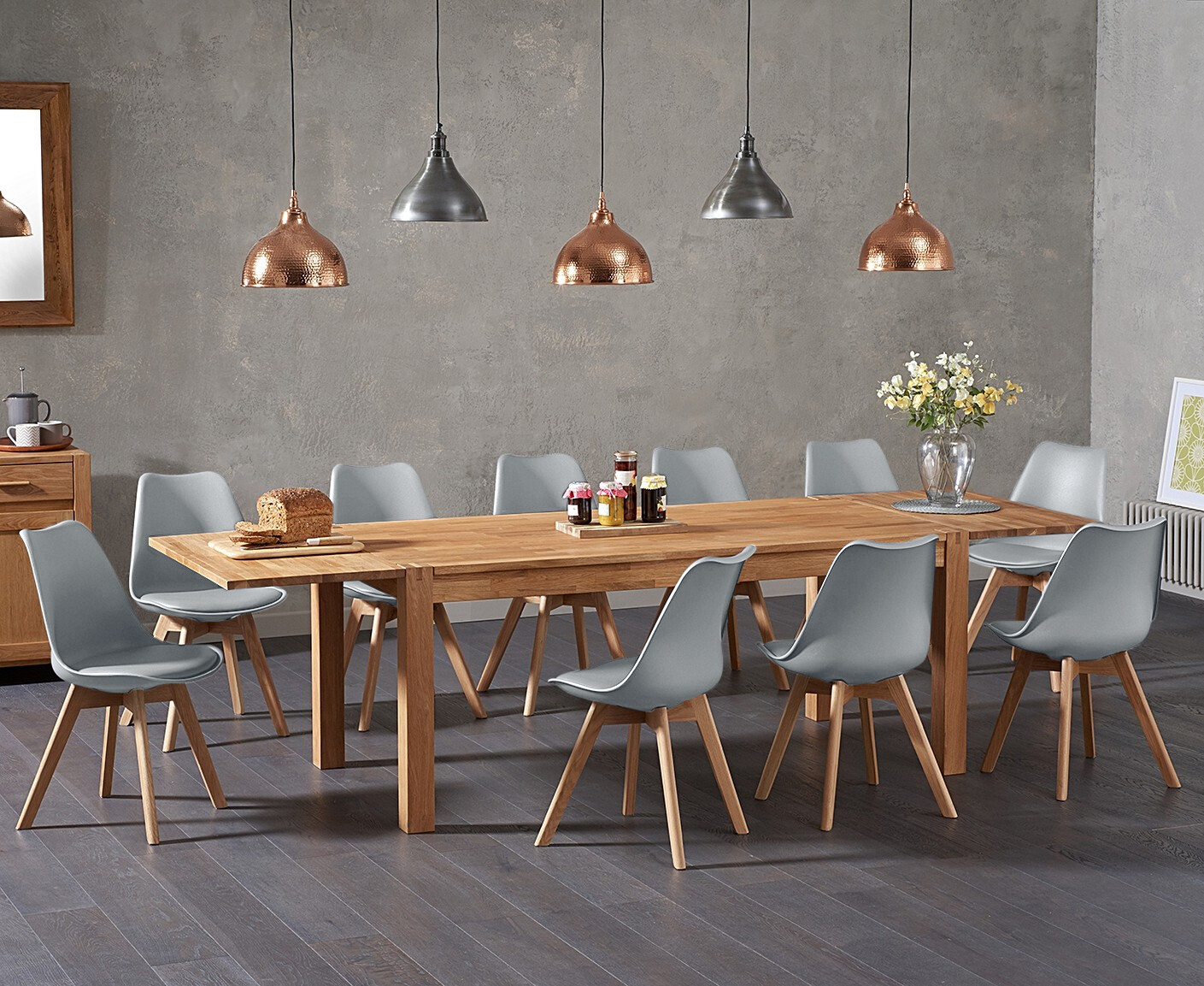 Product photograph of Extending Thetford 180cm Solid Oak Dining Table With 10 Light Grey Orson Faux Leather Chairs from Oak Furniture Superstore