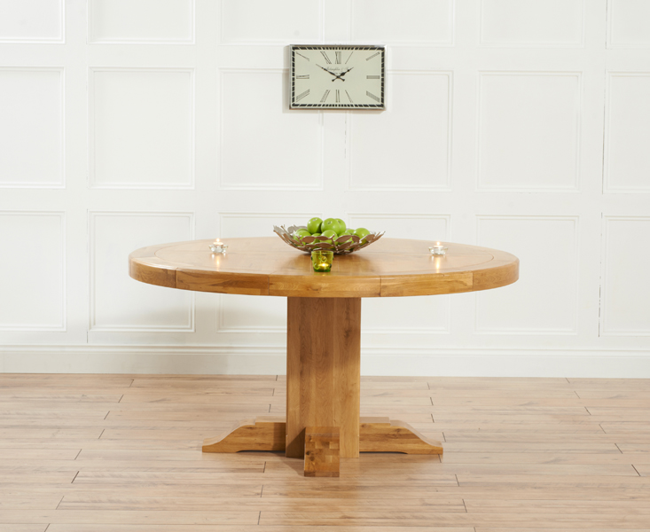 Photo 1 of Helmsley 150cm solid oak round pedestal dining table with 6 grey beatrix fabric chairs