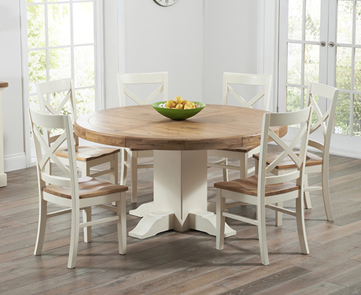 Product photograph of Torino Oak Cream Painted Extending Pedestal Dining Table With 4 Cream Cavendish Chairs from Oak Furniture Superstore