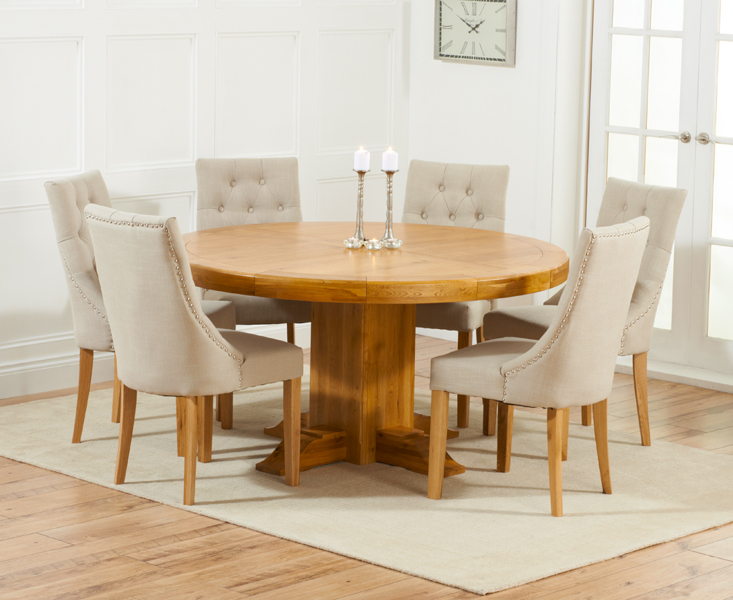 Torino 150cm Solid Oak Round Pedestal Dining Table With 6 Cream Beatrix Fabric Chairs