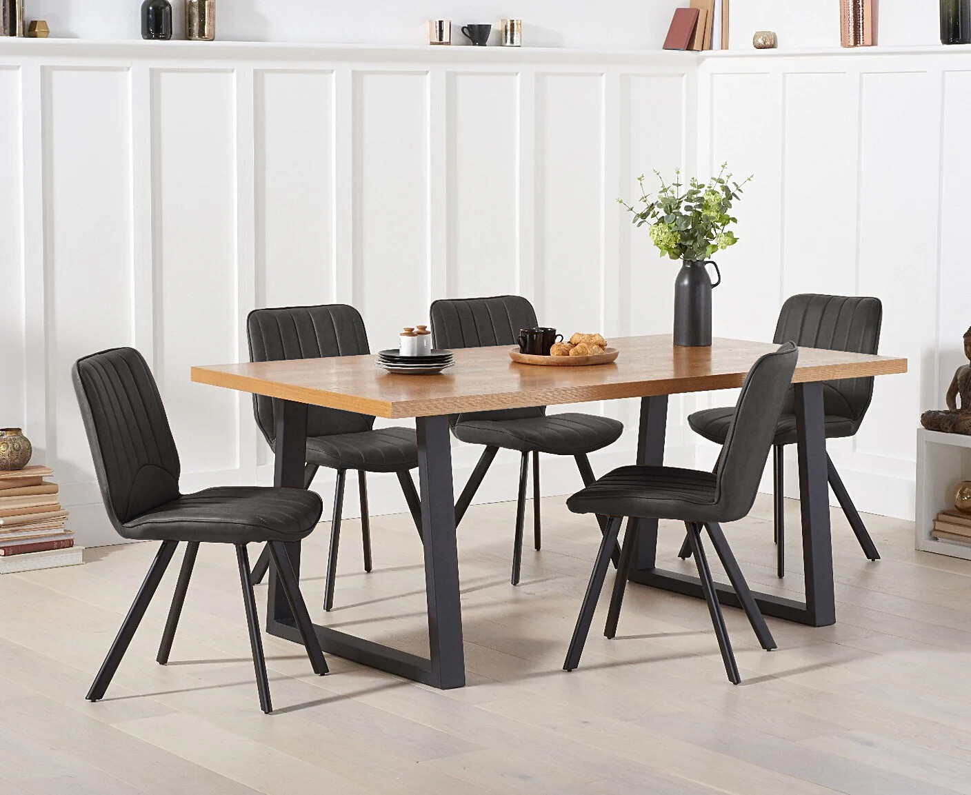 Photo 1 of Urban 180cm industrial dining table with 4 brown hendrick faux leather chairs