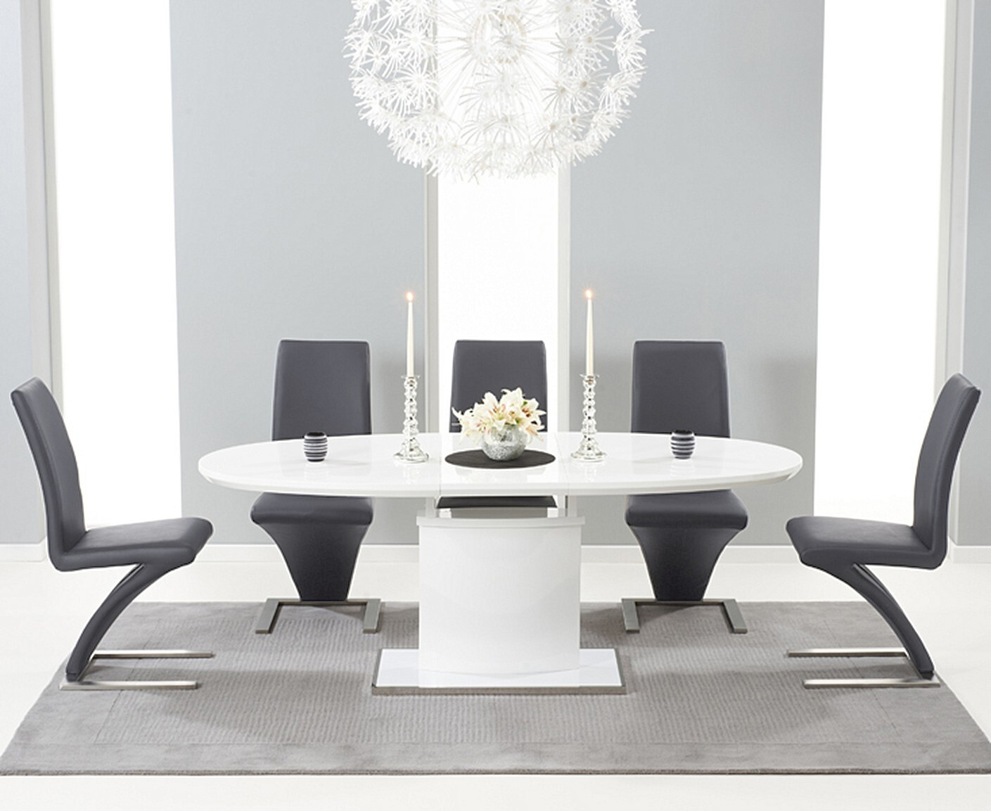 Extending Valzo 160cm White High Gloss Pedestal Dining Table With 4 Grey Aldo Chairs