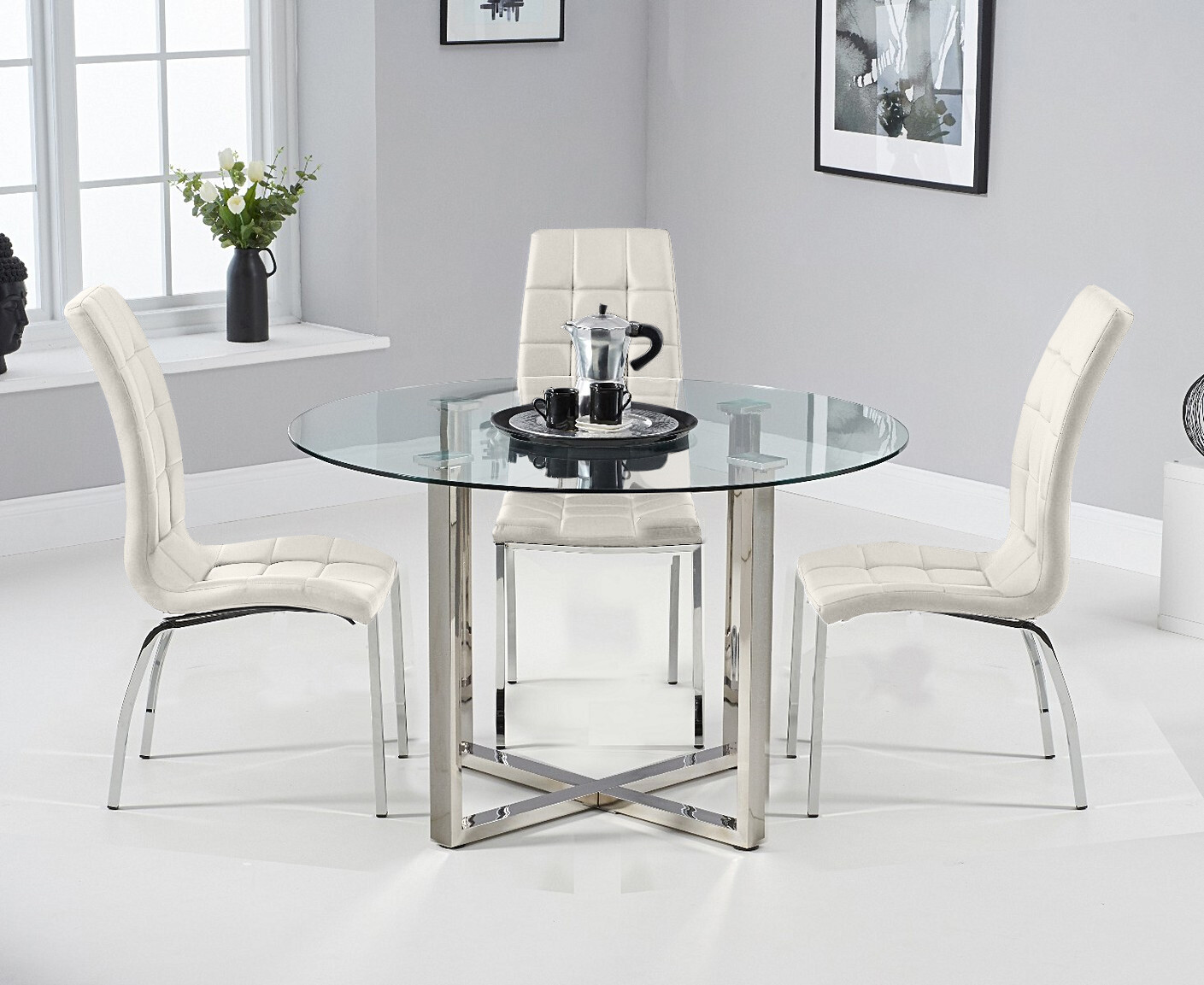 Photo 3 of Vaso 120cm round glass dining table with 4 cream enzo chairs