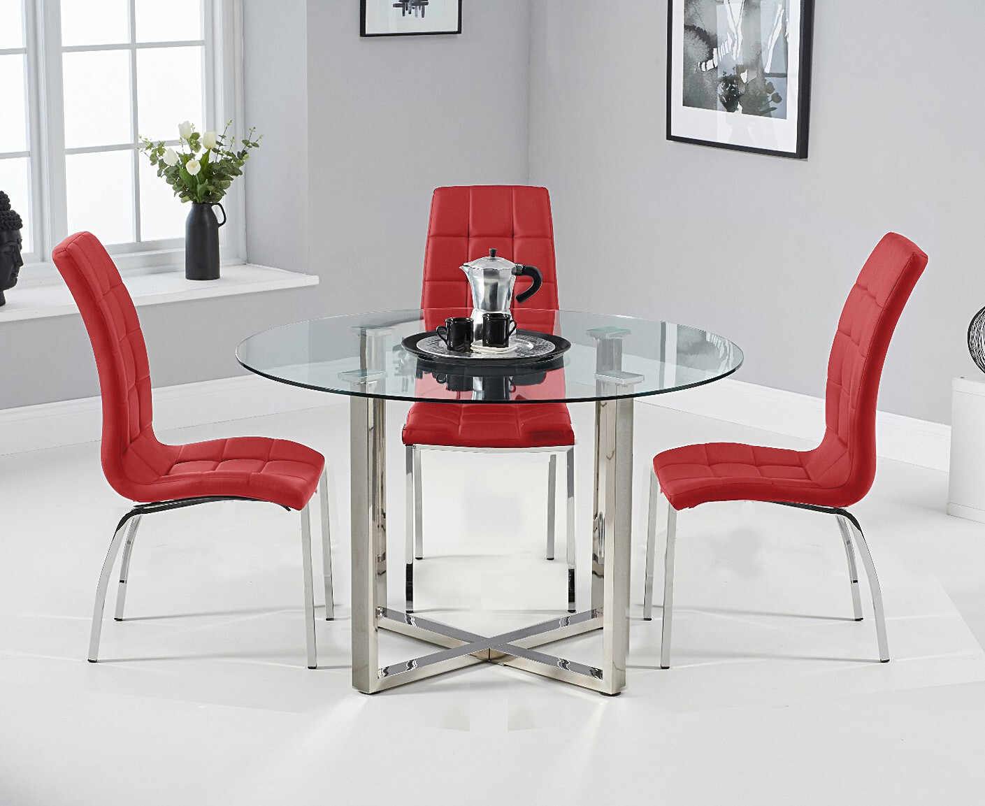 Product photograph of Vaso 120cm Round Glass Dining Table With 4 White Enzo Chairs from Oak Furniture Superstore