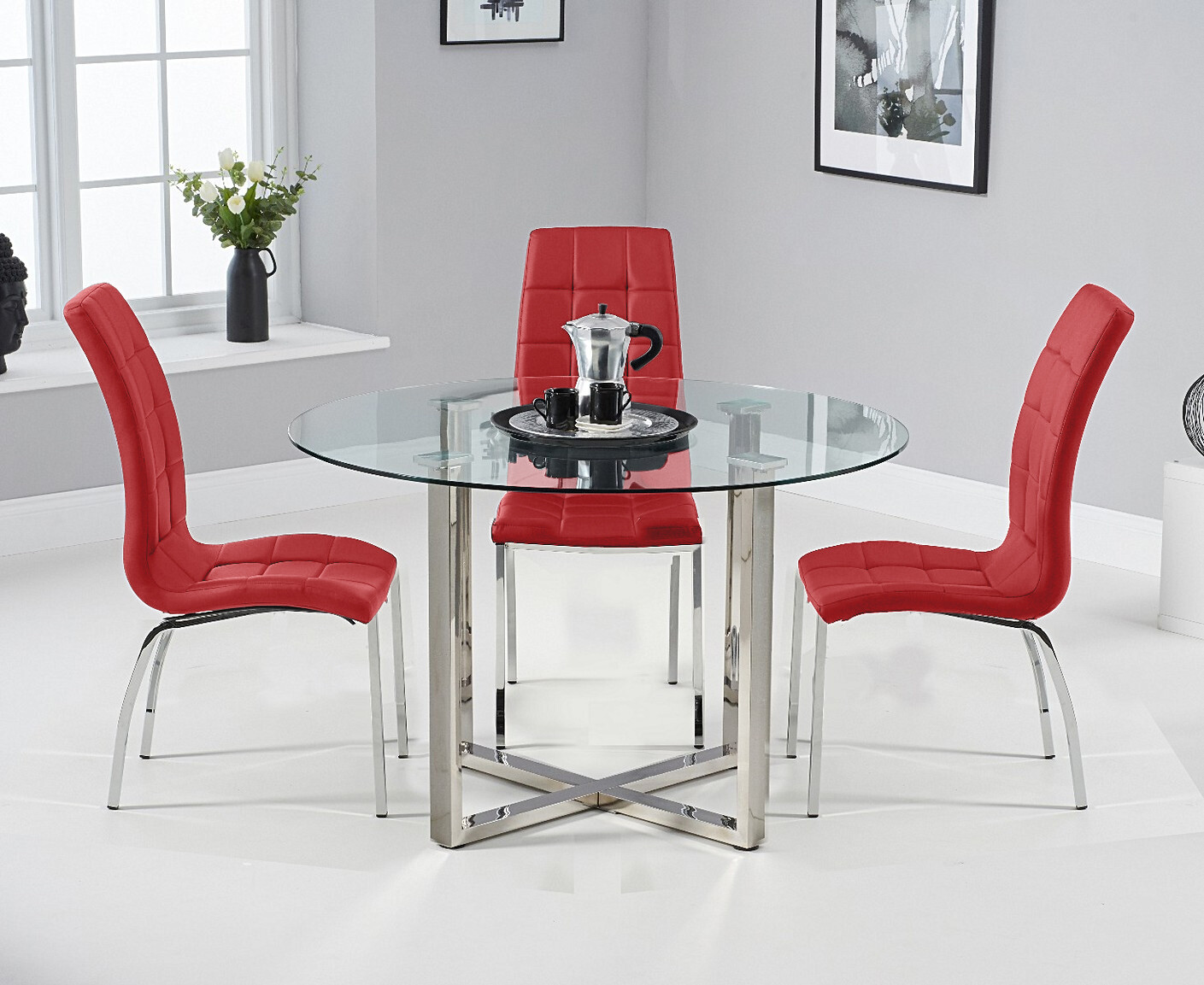 Vaso 120cm Round Glass Dining Table with Enzo Chairs Oak Furniture Superstore