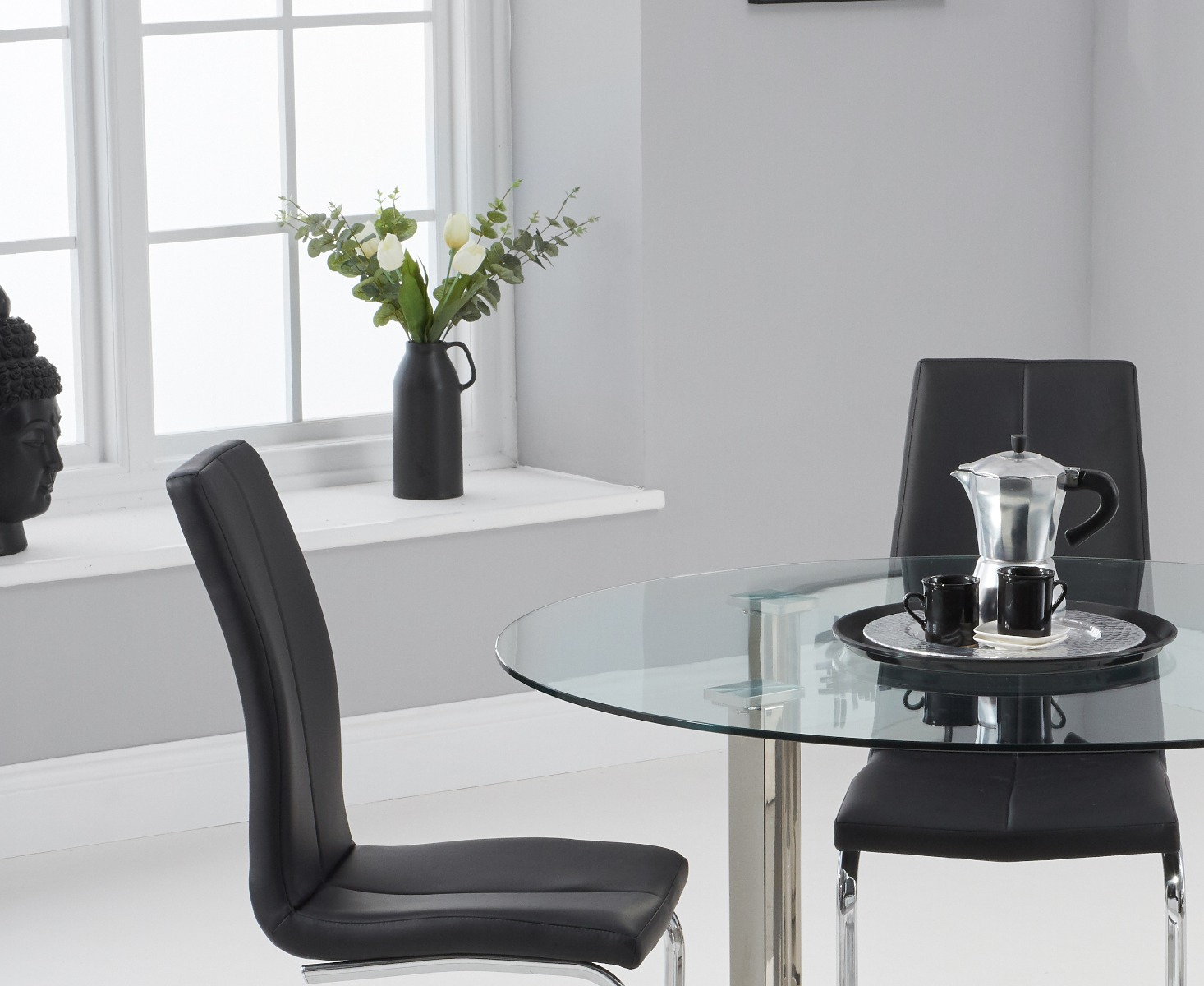 Photo 4 of Vaso 120cm round glass dining table with 4 black vigo dining chairs