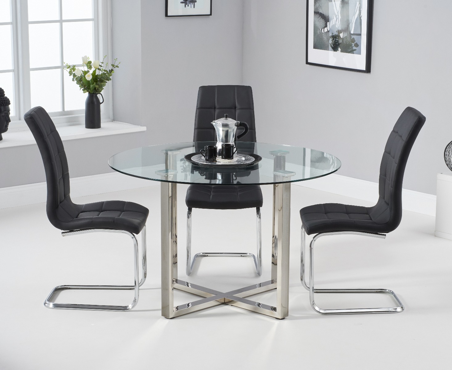 Photo 2 of Vaso 120cm round glass dining table with 4 black vigo dining chairs