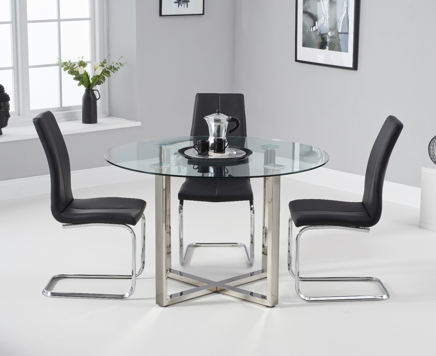 Photo 2 of Vaso 120cm round glass dining table with 4 grey gianni dining chairs