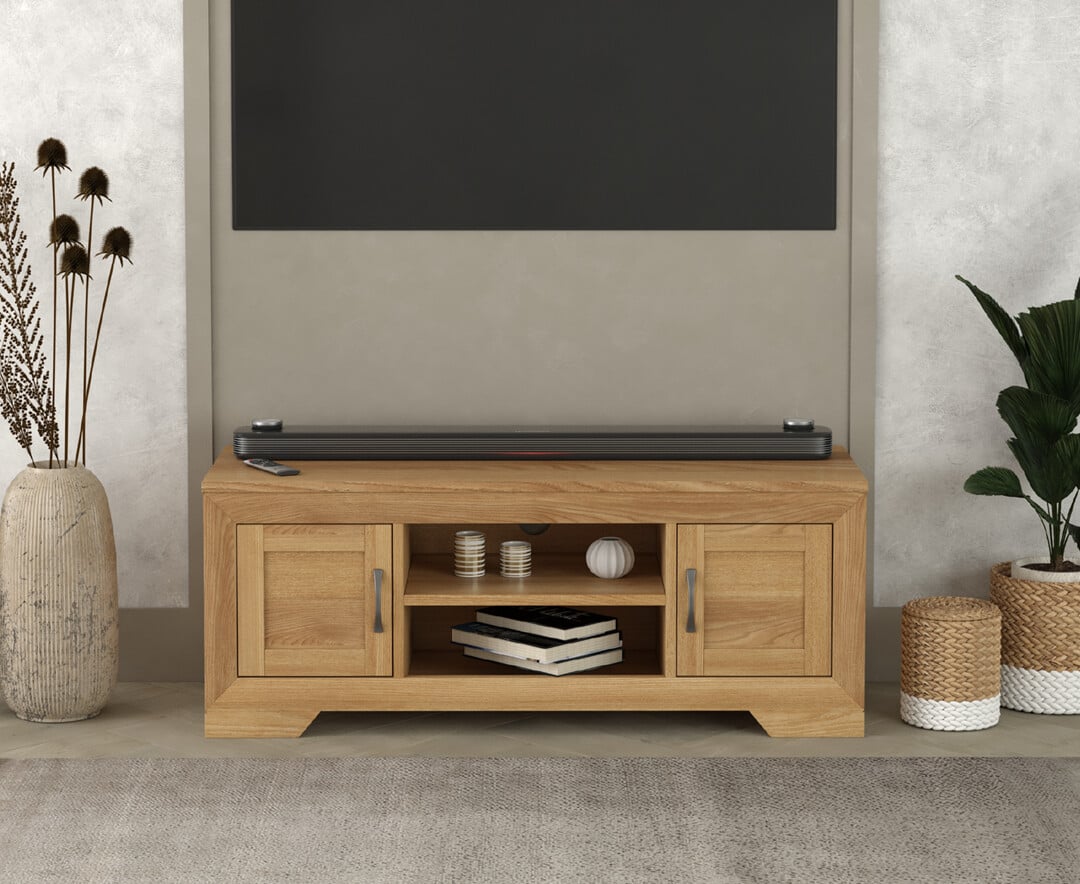 Product photograph of Tilt Solid Oak Super Wide Tv Cabinet from Oak Furniture Superstore