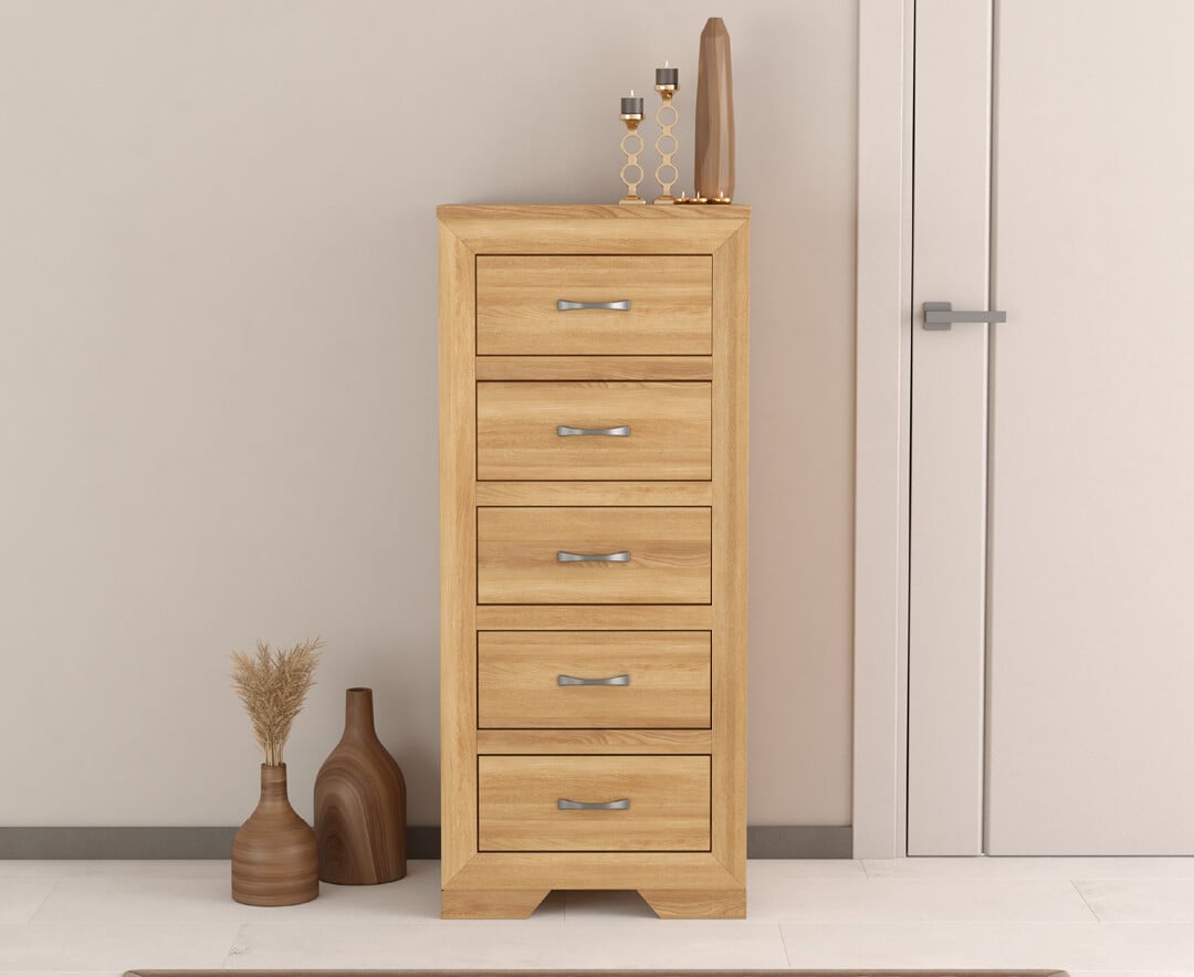 Tilt Solid Oak 5 Drawer Tallboy