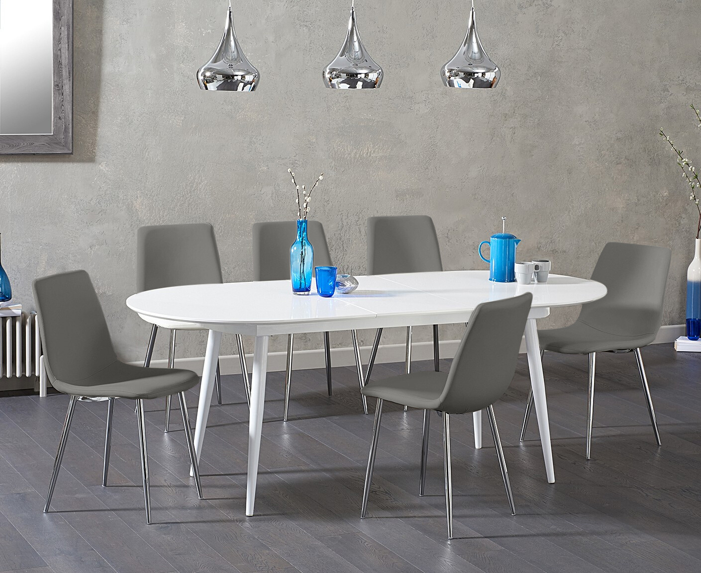 Product photograph of Extending Veneti White High Gloss Dining Table With 4 Grey Astrid Faux Leather Chairs from Oak Furniture Superstore