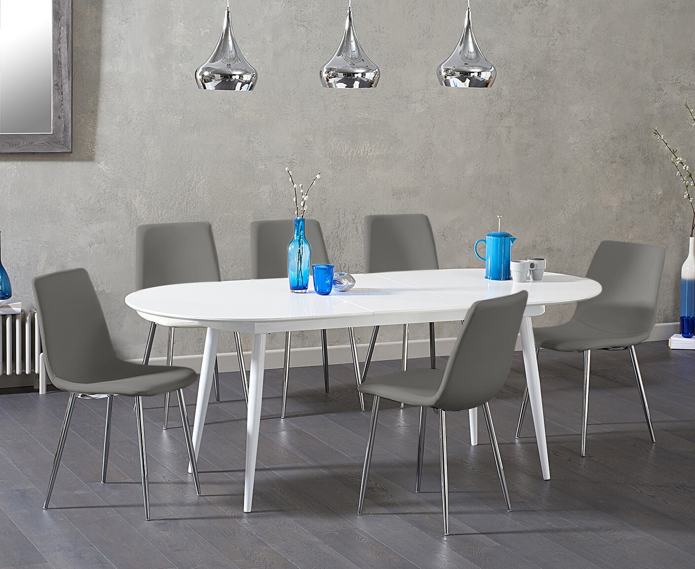 Extending Veneti White High Gloss Dining Table With 4 Grey Astrid Faux Leather Chairs