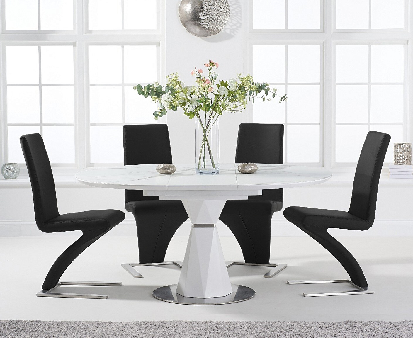 Photo 3 of Venosa 120cm round white dining table with 6 black aldo chairs