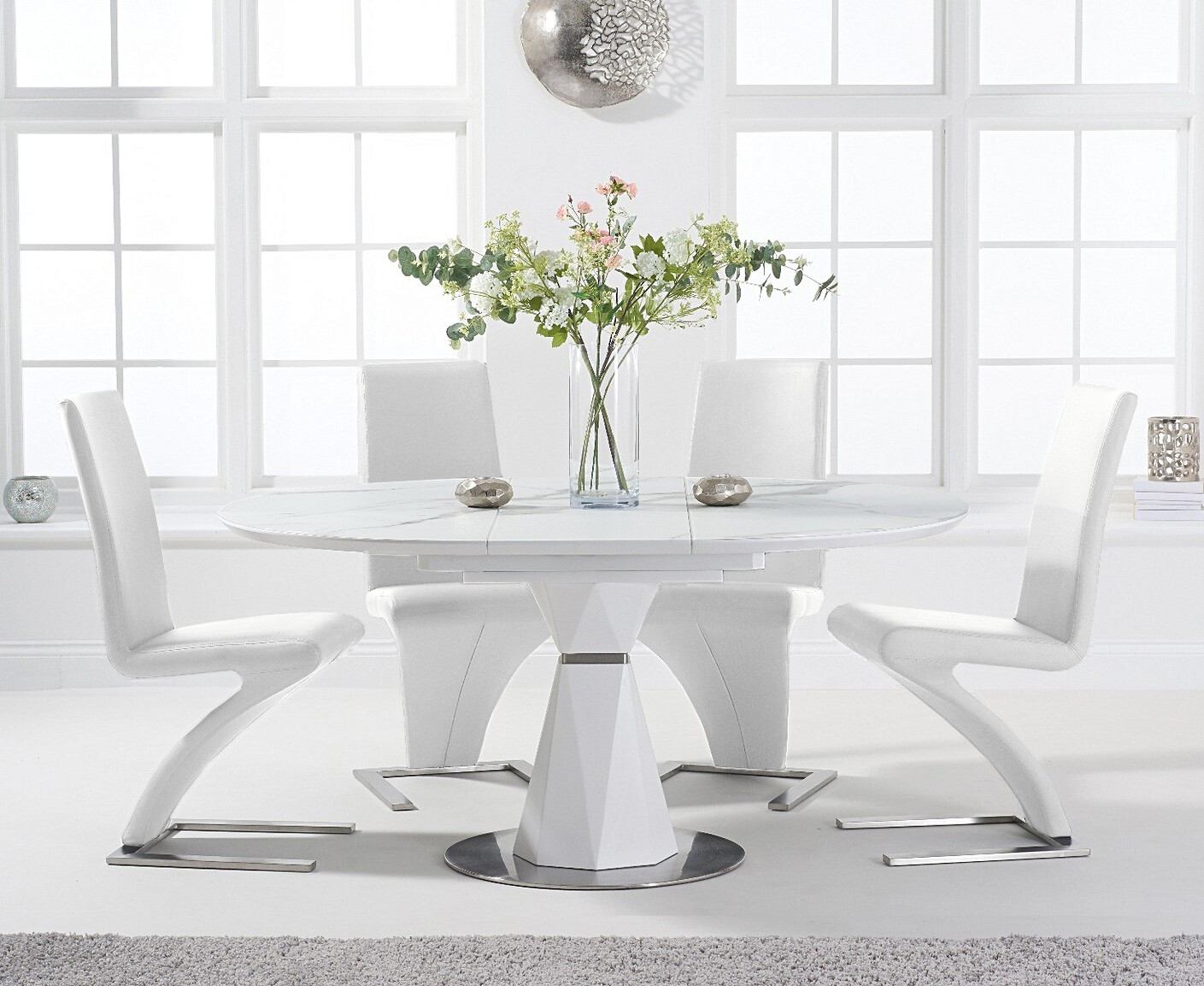 Photo 1 of Venosa 120cm round white dining table with 6 black aldo chairs