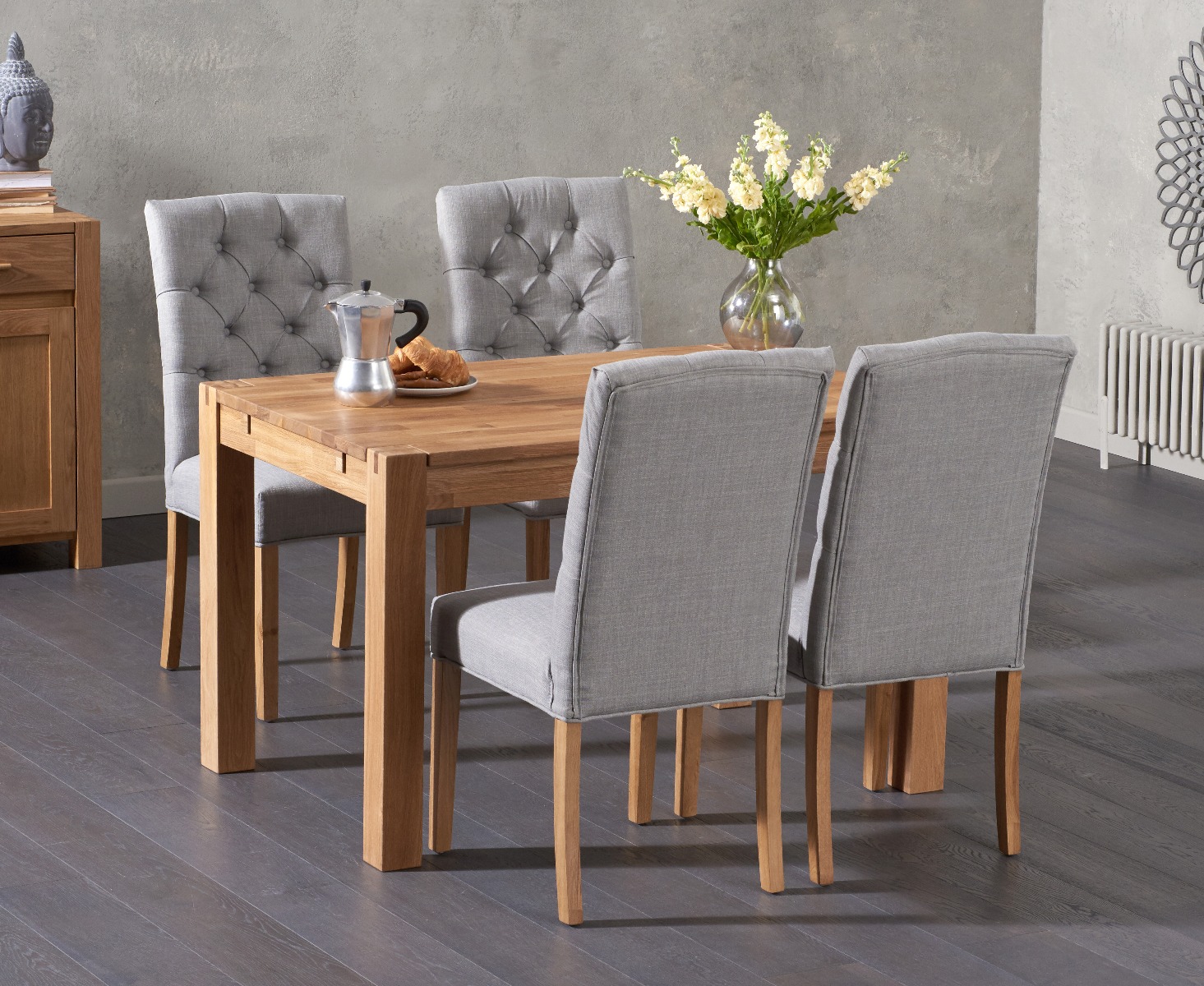 Product photograph of Thetford 120cm Solid Oak Dining Table With 6 Natural Isabella Fabric Chairs from Oak Furniture Superstore