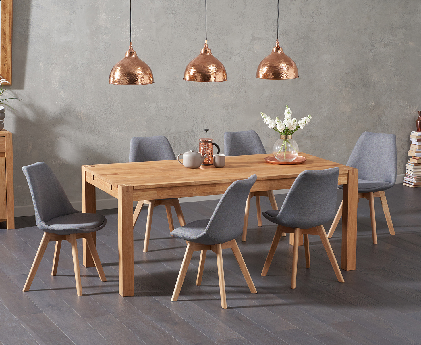 Product photograph of Extending Verona 150cm Solid Oak Dining Table With 6 Dark Grey Orson Fabric Chairs from Oak Furniture Superstore