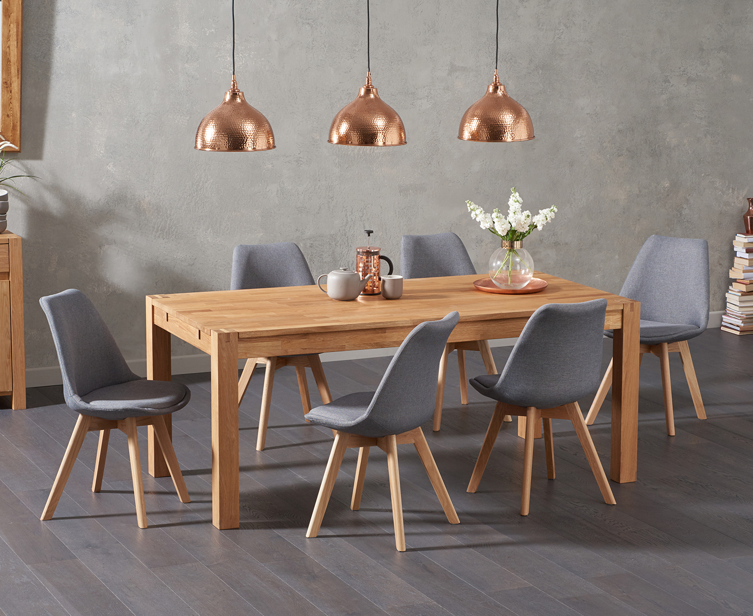 Extending Verona 150cm Solid Oak Dining Table With 6 Dark Grey Orson Fabric Chairs